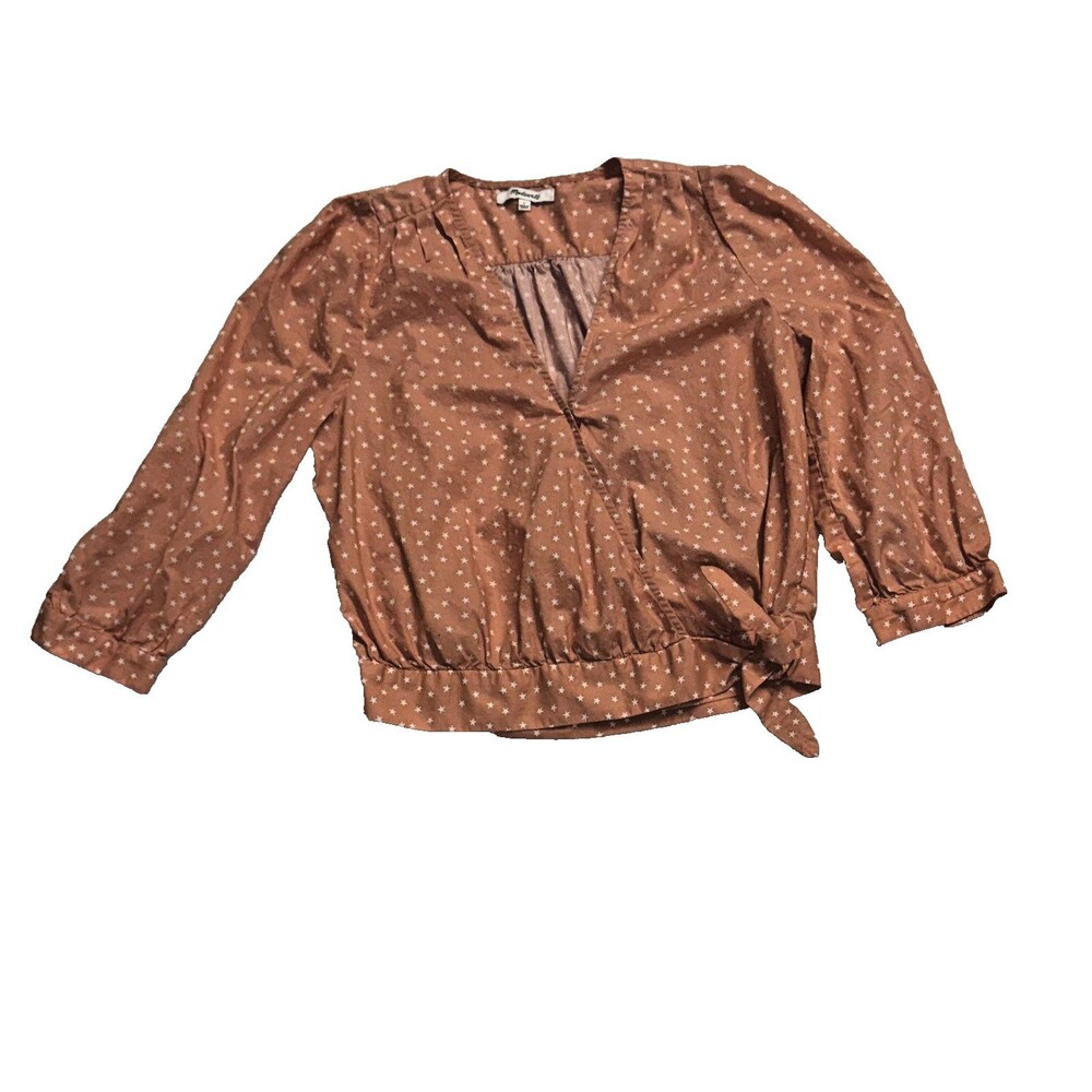 Madewell Top Womens Small Pink Peach Cotton Wrap Crop Tie Blouse Stars